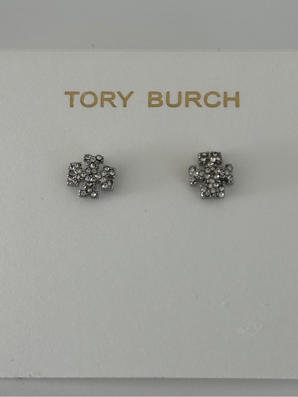 Tory Burch Crystal Clover Stud Earrings in Silver Tone